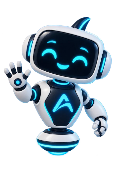 Mascote robô da AtualNet acenando